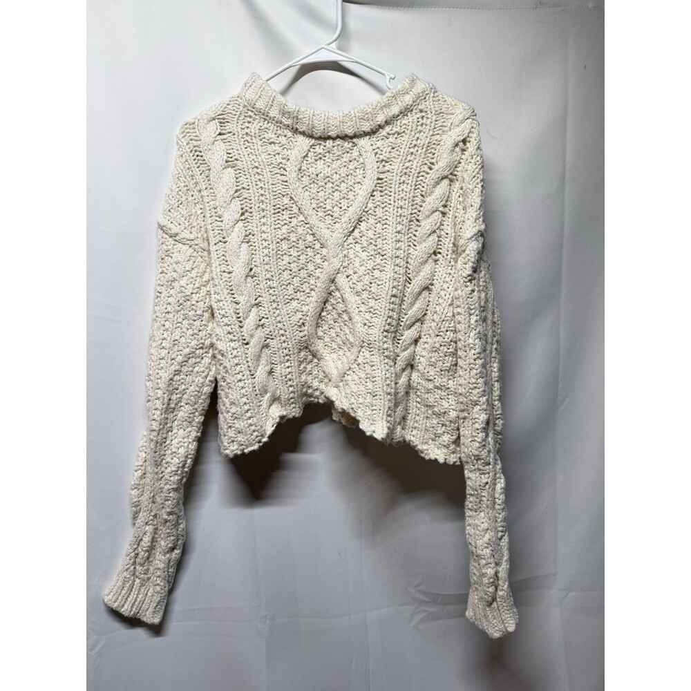 Free People Cutting Edge Cable Knit Cropped Sweater Medium Ivory Cream Cotton